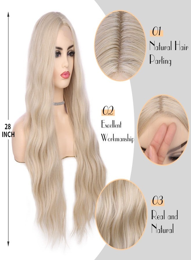Lady Miranda Long Platinum Blonde Wig 28 Inch Natural Wavy Blonde Wig Middle Part Blonde Lace Wig Synthetic Hair Blonde Wigs for White Women - Image 2